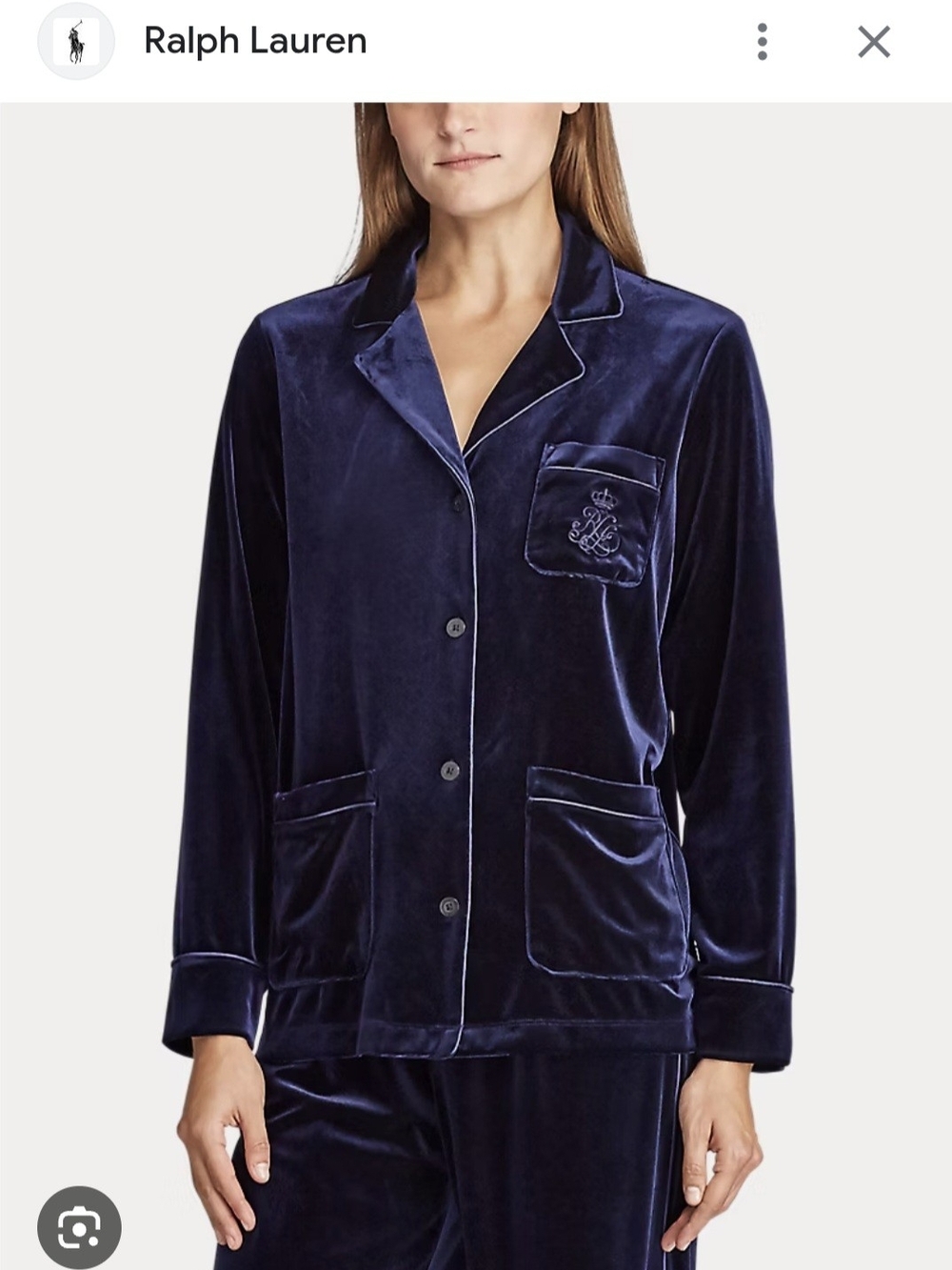 Ralph Lauren Navy Velvet Pajama Shirt with Contrast Piping